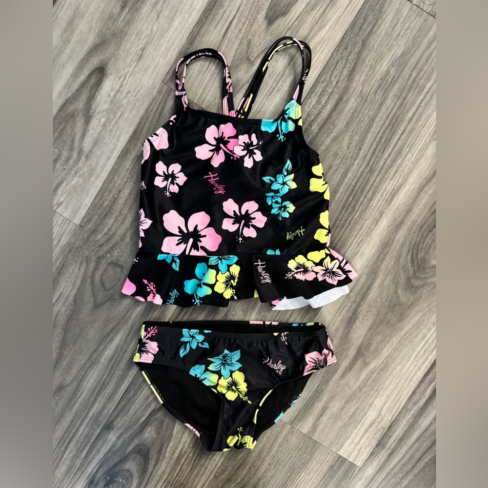 Hurley Kids Floral Bikini - Black with Pink, Blue, Yellow